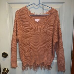 Pink Lily pink / salmon knit fringe sweater sz Small